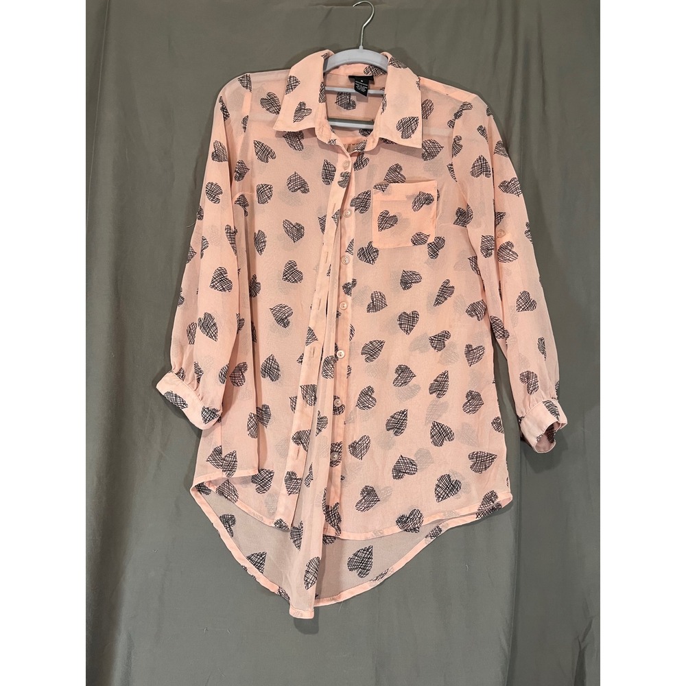 Rue21 Womens Medium Peach Pink Heart Print Button Down High Low Blouse Top